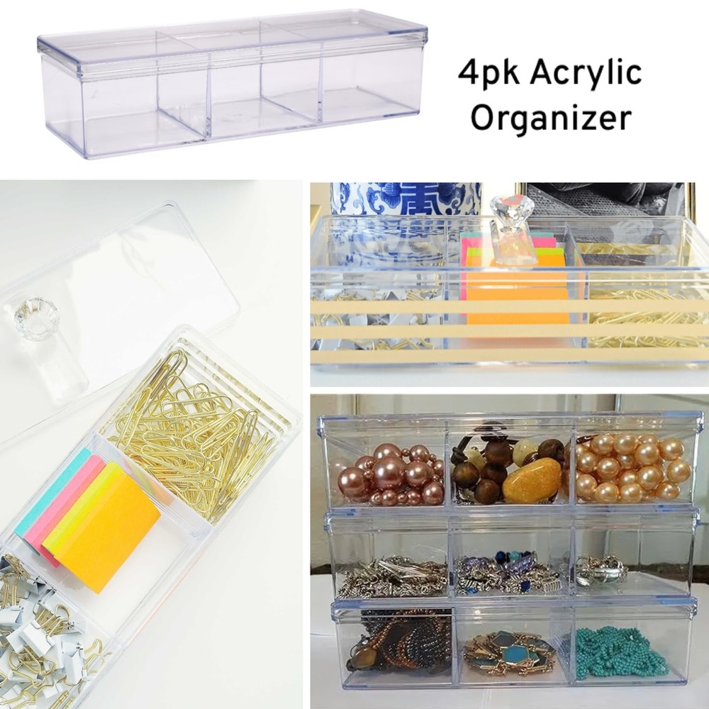 Essentials Acrylic Plastic 3-Compartment Countertop Storage Trays with Lids